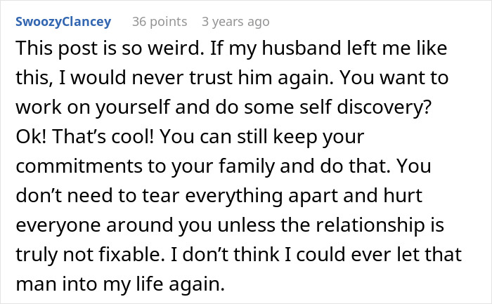 A Reddit comment expressing frustration about a husband leaving his wife and kids to find himself. Main SEO keywords: Guy leaves wife, regrets it.
