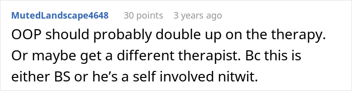 A comment suggesting therapy, highlighting the complexities of relationships and regret when a guy leaves his wife.
