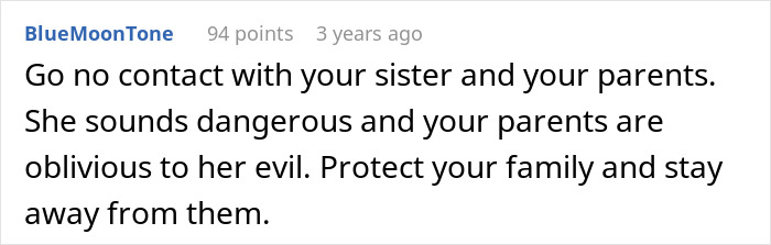 Advice to avoid contact with sister and parents to protect family from dangerous behavior Advice to avoid contact with sister and parents to protect family from dangerous behavior