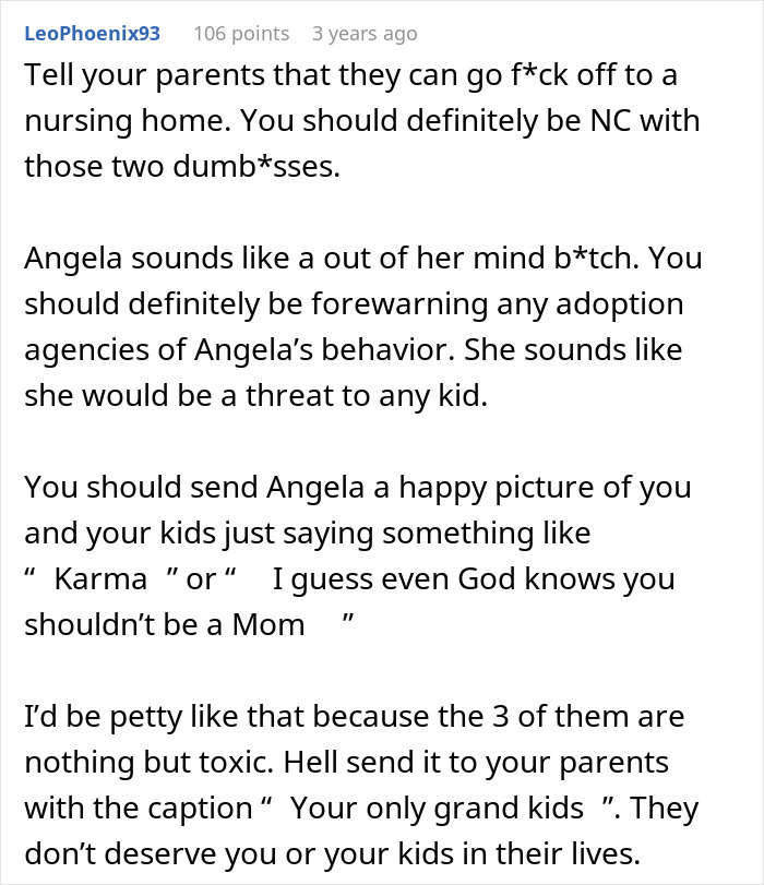 Comment advising no contact with toxic parents and warning adoption agencies about Angela's behavior Comment advising no contact with toxic parents and warning adoption agencies about Angela's behavior