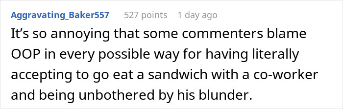 A Reddit comment discusses the common coworker lunch turned date scenario, highlighting the awkwardness of misinterpreting an invite.