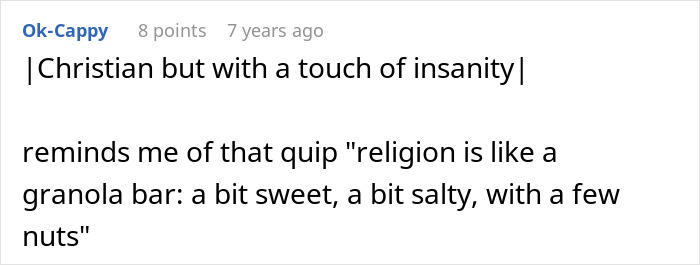 Text post reflecting on religion with a humorous quip about granola bars and insanity