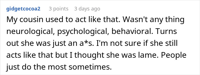 Comment describing cousin's rude behavior similar to tantrum at restaurant
