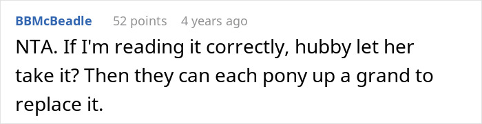 A Reddit comment from BBMcBeadle with 52 points, 4 years ago, suggesting a fix for the sister-in-law conflict.