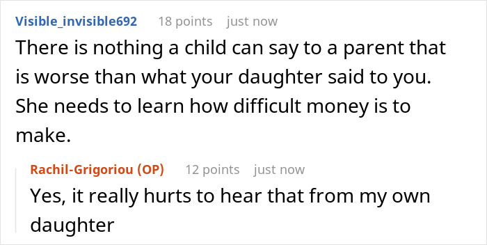 Reddit comments discussing a daughter ashamed of her family driver dad, and her funds being taken away.