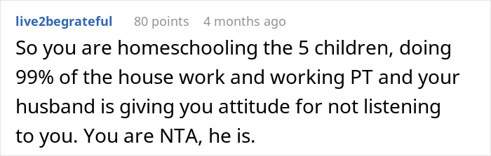 A Reddit comment about a wife refusing to discuss her job with her husband due to his past disinterest.