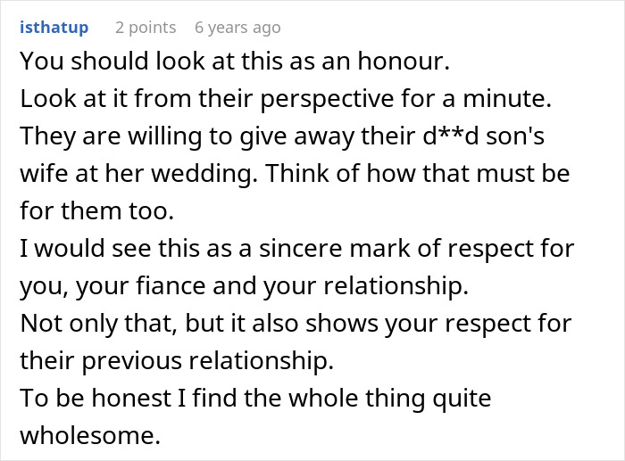 Encouragement to see late husband's parents walking fianc&eacute;e as an honor