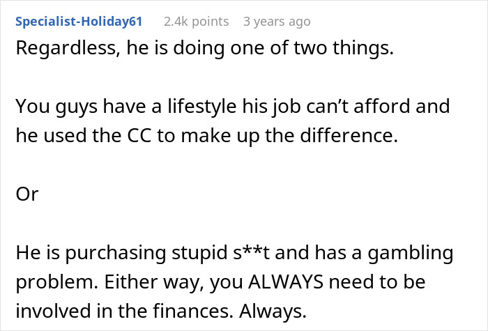 A Reddit post offering advice to a wife facing a financial nightmare. It suggests the husband has a gambling problem or is hiding spending.
