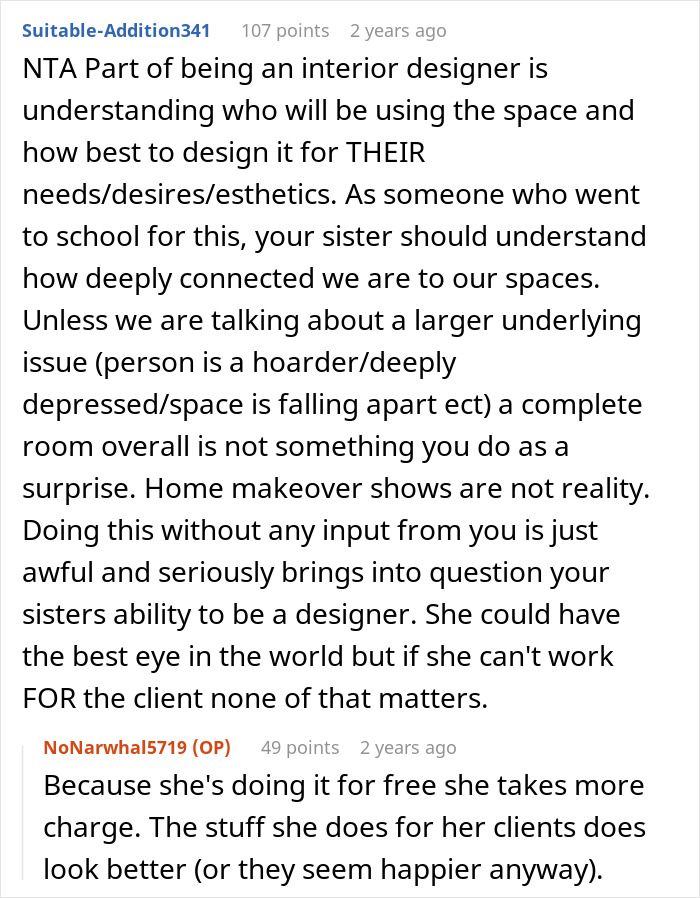 A Reddit screenshot discussing a sister who redecorates a sibling's room, leading to a surprise negative reaction.