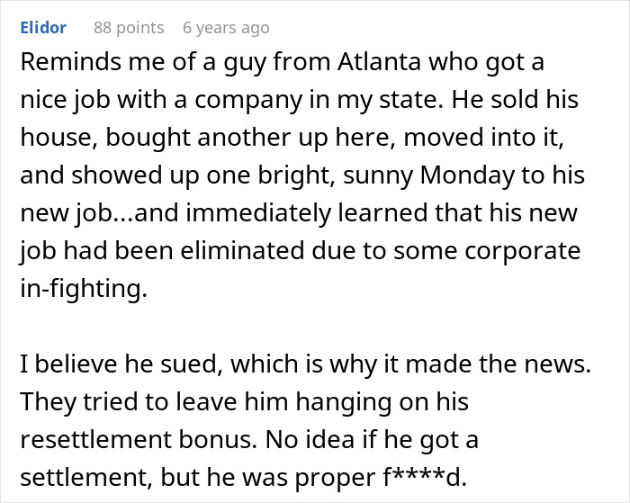 Comment describing a man losing a new job before starting due to corporate issues Comment describing a man losing a new job before starting due to corporate issues
