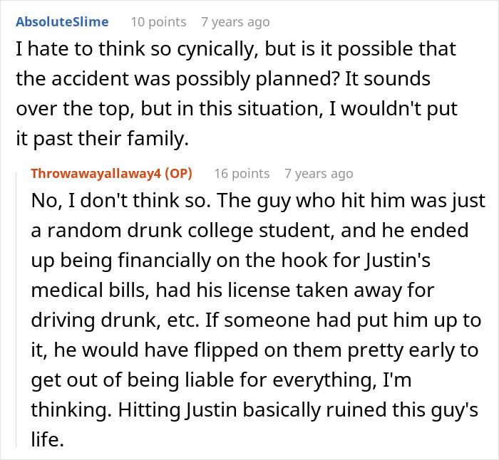User suspects accident might have been planned in restrictive religious community