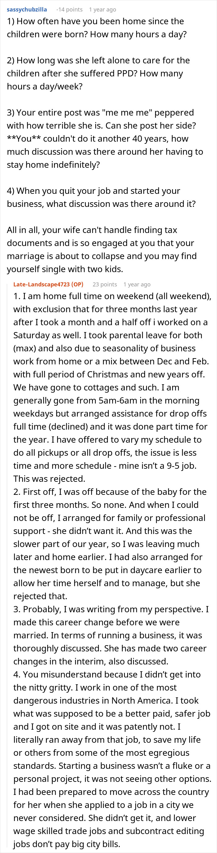 A lengthy online forum post detailing reasons why a man's wife views his successful business as a hobby and him as a loser.