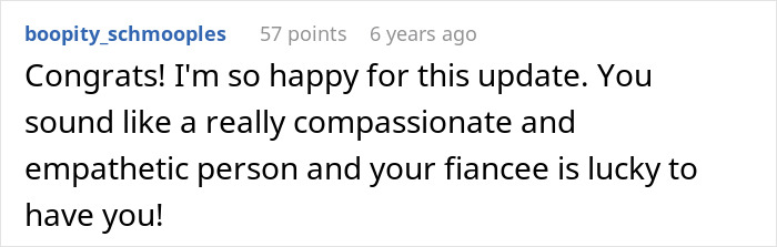 Comments praising compassionate communication about fiancee and late husband's parents