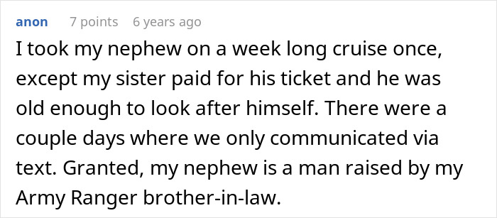Comment sharing nephew cruise experience in BF cousin entitlement discussion Comment sharing nephew cruise experience in BF cousin entitlement discussion