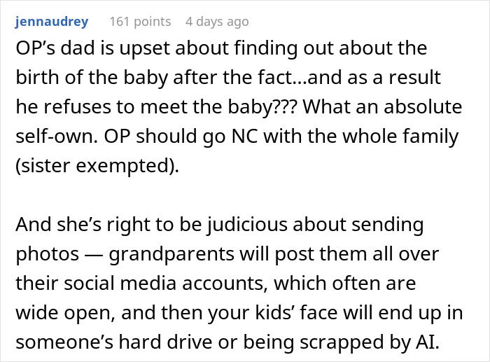 A Reddit comment discussing parents' fury over their daughter informing them about giving birth the next day, refusing to meet the baby.