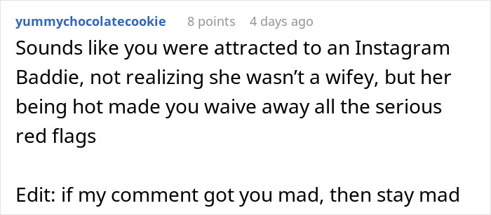 A Reddit comment by yummychocolatecookie, garnering 8 points 4 days ago, about a wife behaving on her honeymoon.