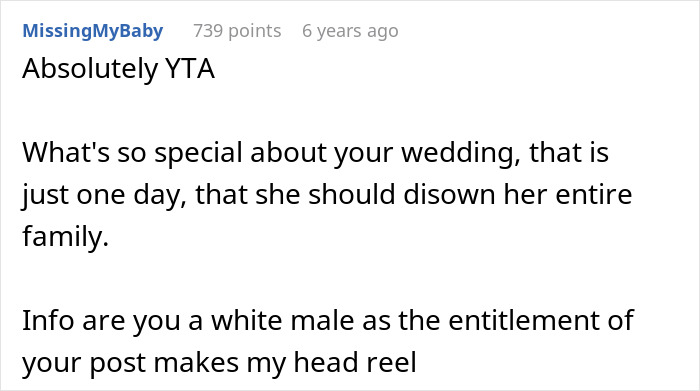 Comment calling out entitlement over wedding banning brother's girlfriend Comment calling out entitlement over wedding banning brother's girlfriend
