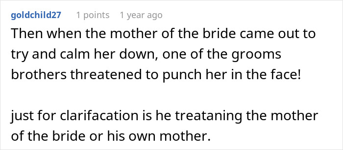 Comment describing bride's mother calmed down amid wedding chaos Comment describing bride's mother calmed down amid wedding chaos