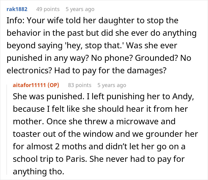 Comment about past punishments for stepdaughter's destructive behavior