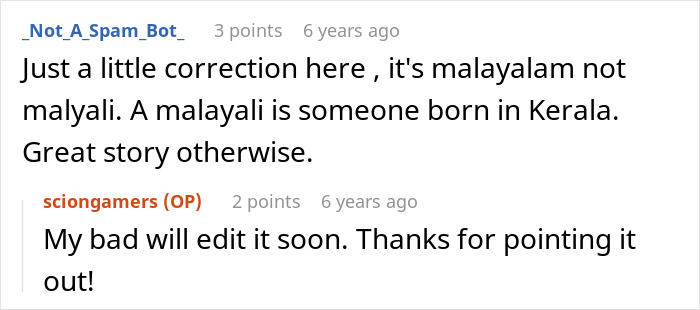 Reddit comments correcting the original poster's use of "Malyali" instead of "Malayalam" in a story where Karen Shames Guy for eating meat.
