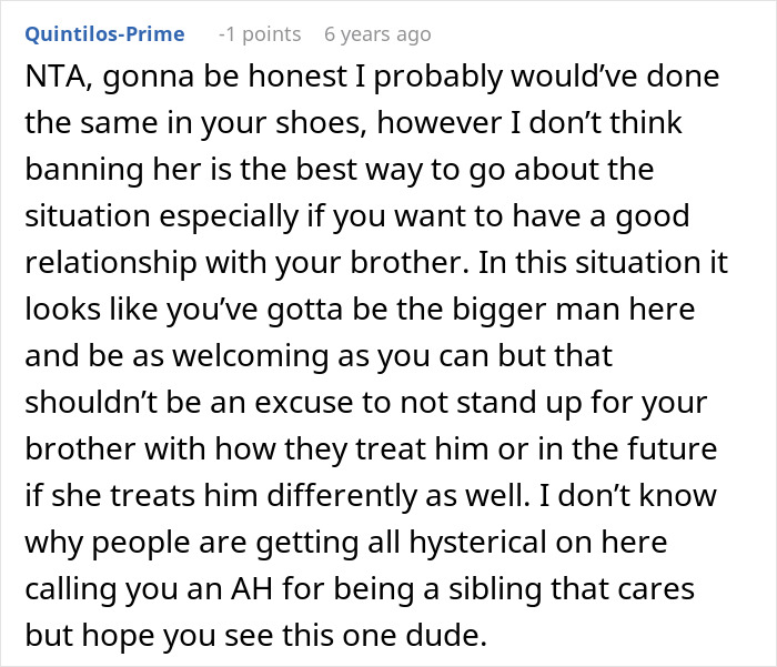 Comment suggesting banning girlfriend not best but supports standing up for brother Comment suggesting banning girlfriend not best but supports standing up for brother