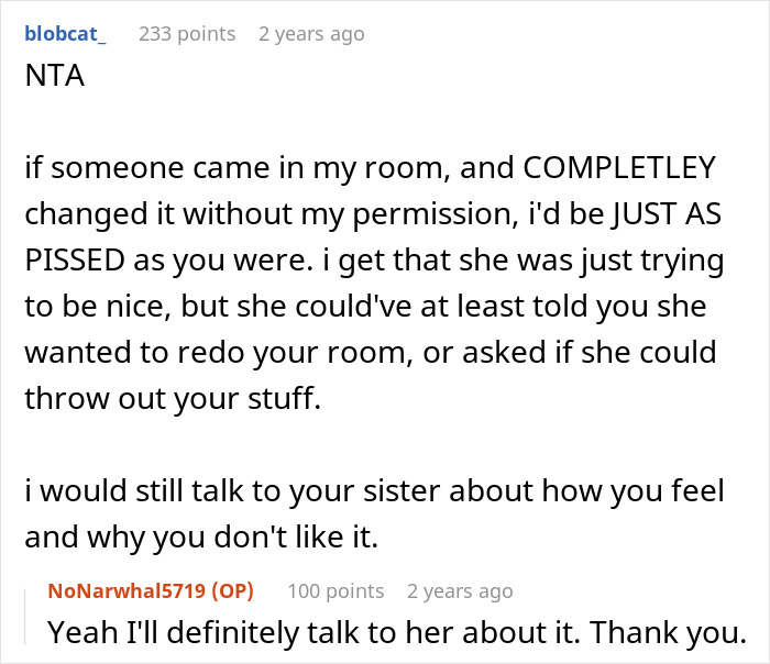 A Reddit comment advising a user whose sister redecorated their room to talk to her about the surprise.