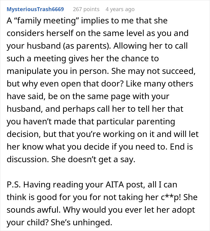 A Reddit comment discussing an unhinged MIL's desire to adopt a grandchild, referencing a post about circumcision.