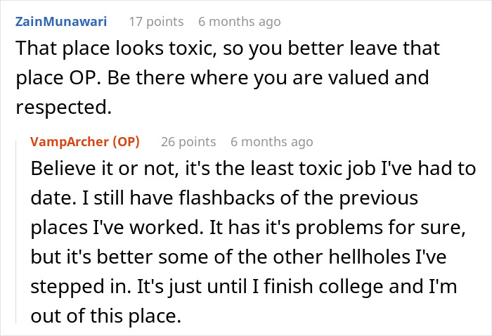 A forum post with a commenter suggesting leaving a toxic job, and the original poster responding about their coworker from hell.