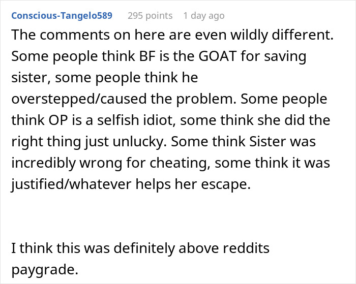 Reddit comments about a woman revealing her sister's affair, triggering breakups, sparking diverse opinions on morality.