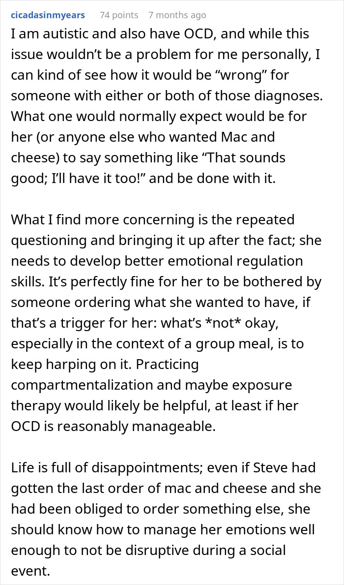 User explains neurodivergence and OCD related to restaurant order issues