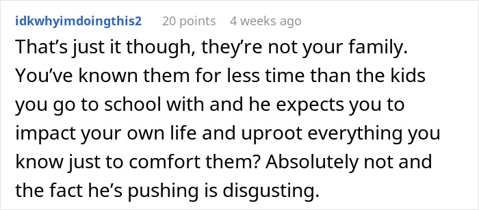 Comment about prioritizing education over family and rejecting uprooting life