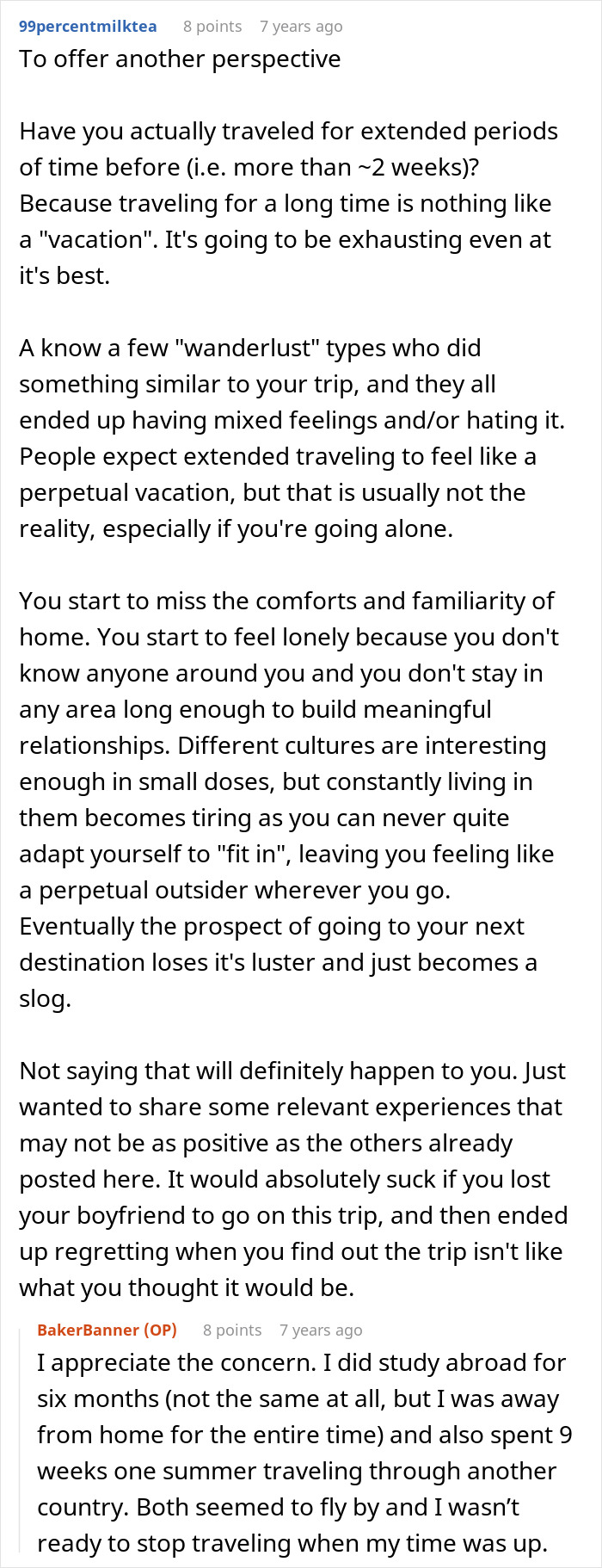 An online forum post discussing the practicalities and challenges of a woman's dream trip, offering an alternative perspective on extended travel.