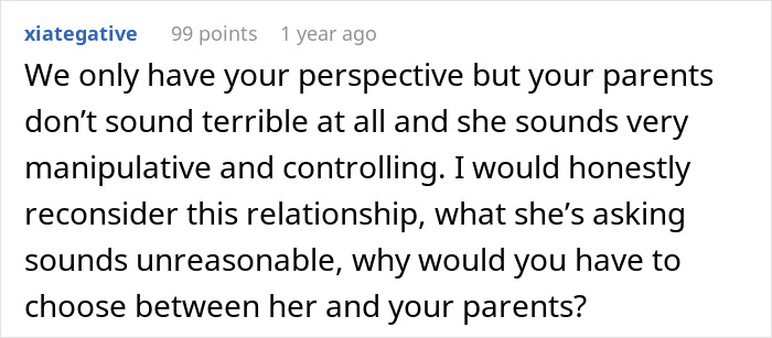 A reddit comment advising a guy about his manipulative fianc&eacute;e who expects him to cut off his parents.