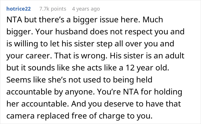 A Reddit comment from hotrice22 with 7.7k points suggesting a woman's husband does not respect her regarding the irresponsible sister-in-law.