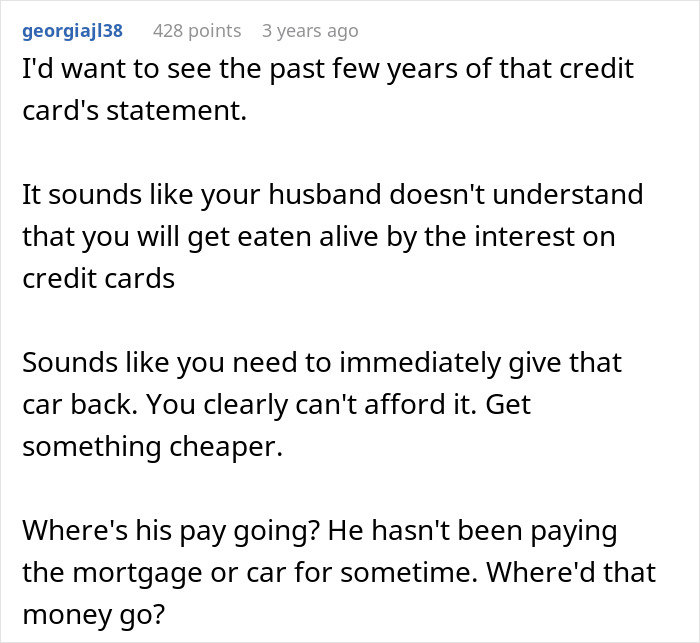 A Reddit comment on financial nightmare, questioning a husband's credit card use and unpaid bills, hinting at a second family.