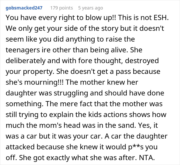 Comment defends anger over expensive car damage caused by grieving teenage stepdaughter