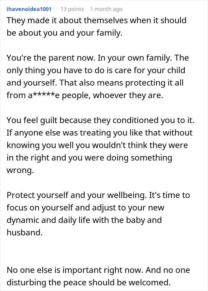 A Reddit comment advises a new parent to protect their family and wellbeing, focusing on themselves after giving birth.