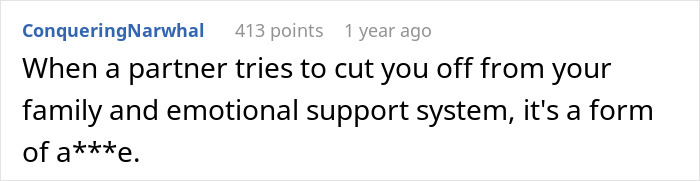 A comment from ConqueringNarwhal on Reddit about a manipulative fianc&eacute;e expecting a guy to cut off his parents, saying it's a form of a***e.