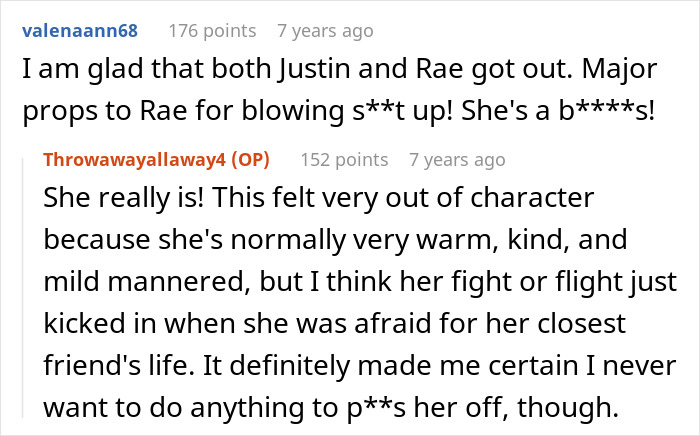 Reddit comment praising Rae for intervention in cult situation