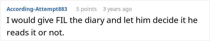A comment suggesting to give a diary to FIL, highlighting a MIL's darkest secret.