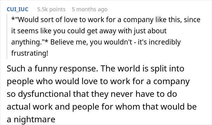 A Reddit post discussing dysfunctional companies and employee experiences, relating to an employee leaving.