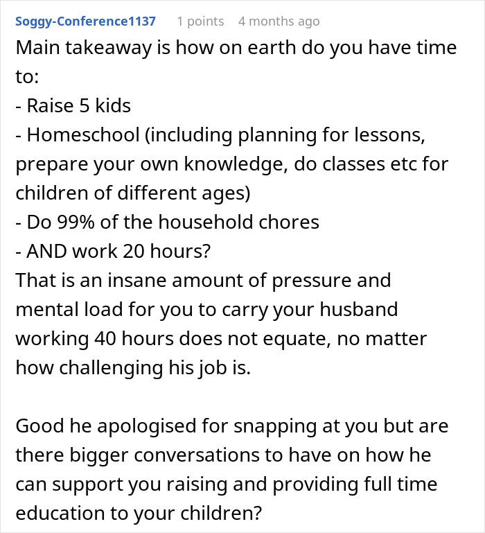 A Reddit post about a wife's overwhelming workload while her man was never interested in her job.