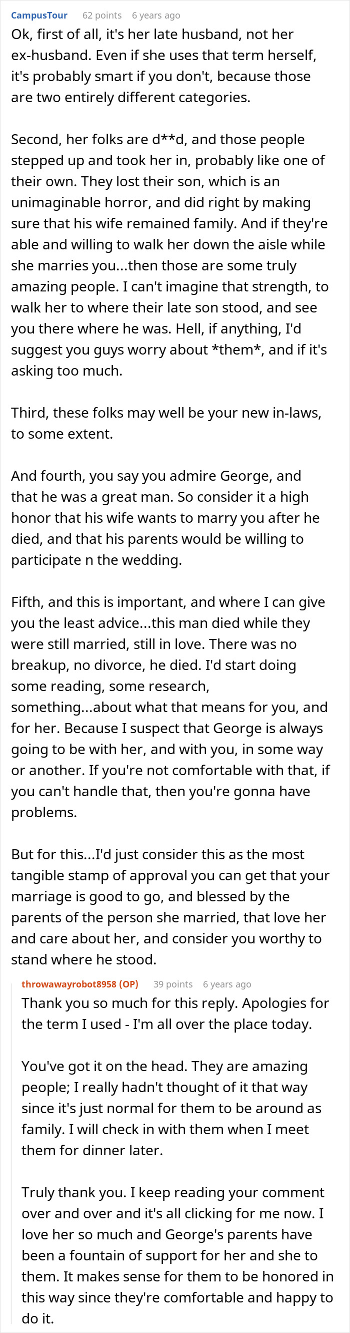 Comment explaining why late husband's parents walking fiancee down the aisle is a sign of love and respect.