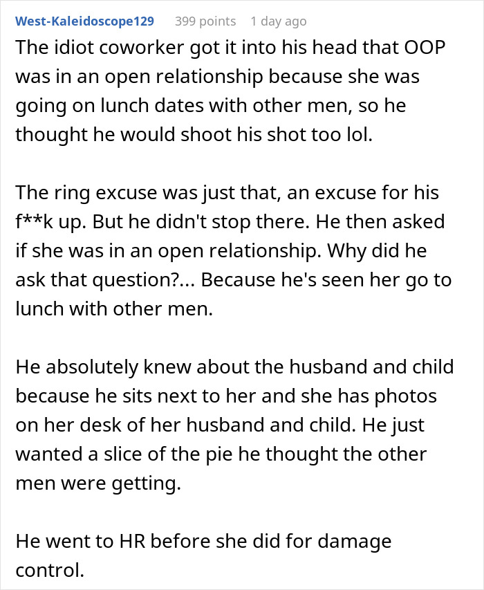 A reddit post detailing a coworker thinking a lunch invite was a date and then going to HR.