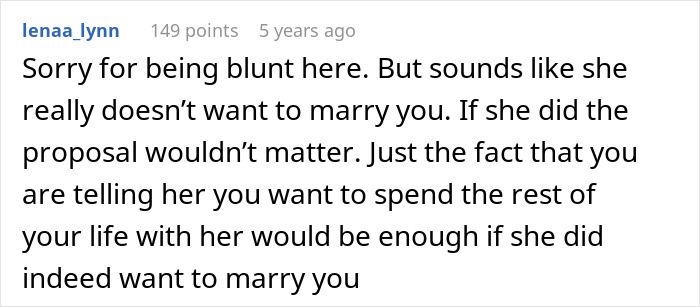 Comment discussing woman's reluctance to marry despite proposals