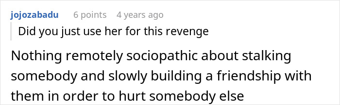 Comment questioning sociopathy in sibling revenge story