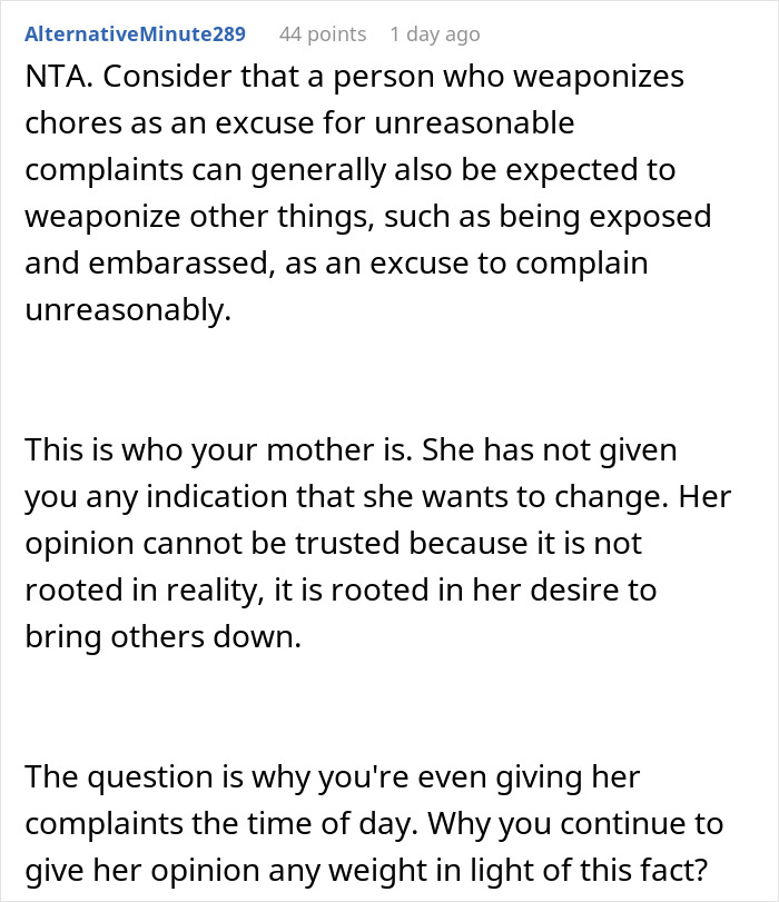 Comment discussing weaponizing chores in cleaning criticism by mom Comment discussing weaponizing chores in cleaning criticism by mom