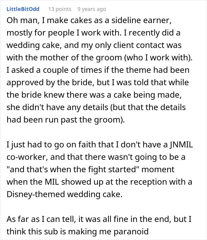 Comment about making a Disney-themed wedding cake and mother of the groom being only client contact Comment about making a Disney-themed wedding cake and mother of the groom being only client contact