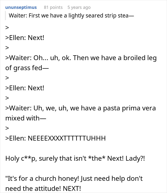 Dialogue showing restaurant waiter overwhelmed by fiancée's attitude Dialogue showing restaurant waiter overwhelmed by fiancée's attitude