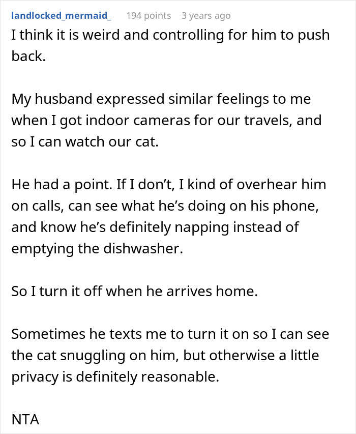 Controlling Man Insists On Keeping Indoor Camera On All The Time, Mad At Wife For Turning It Off Controlling Man Insists On Keeping Indoor Camera On All The Time, Mad At Wife For Turning It Off